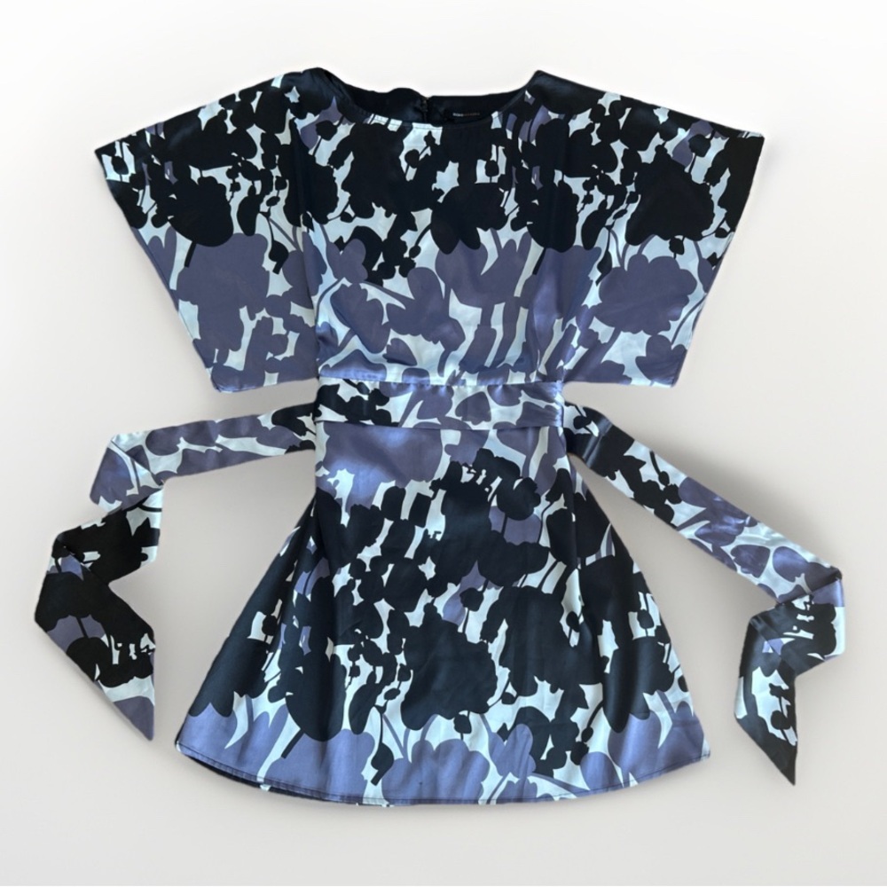 BCBGMAXAZRIA Floral Kimono Belted Waist Tied Satin Mini Dress Boho Luxury XS